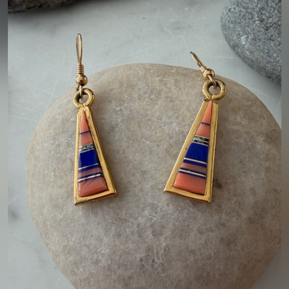 18K GOLD Zuni Native American Vintage Multi-stone Dangle Earrings - Picture 7 of 14